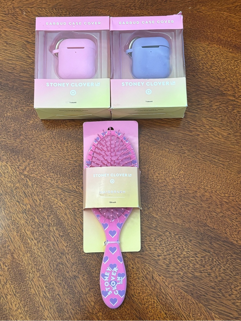 Stoney Clover Lane Pink & Purple Earbud Cases + Pink Heart Hairbrush